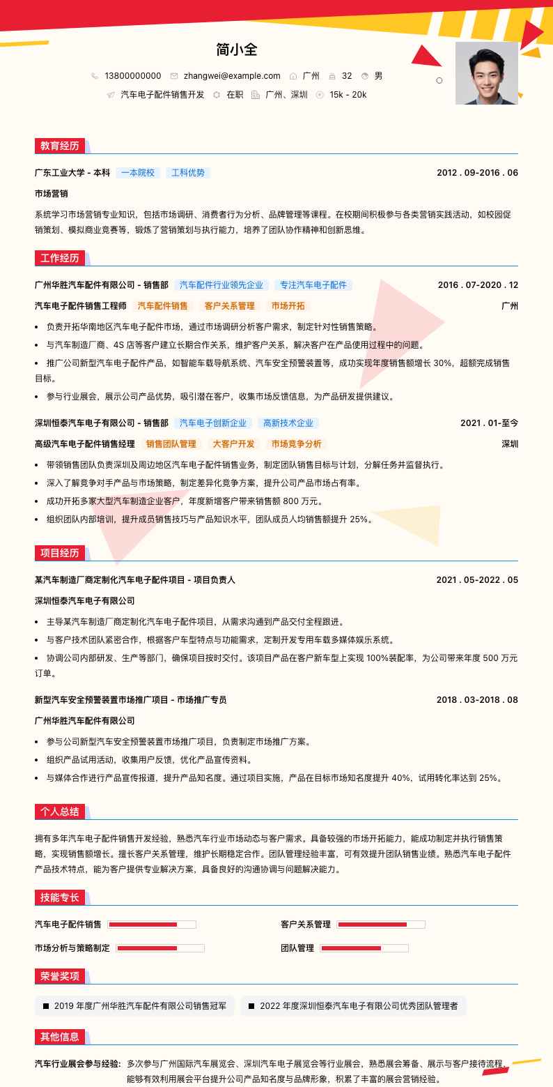 汽车电子配件销售简历模板