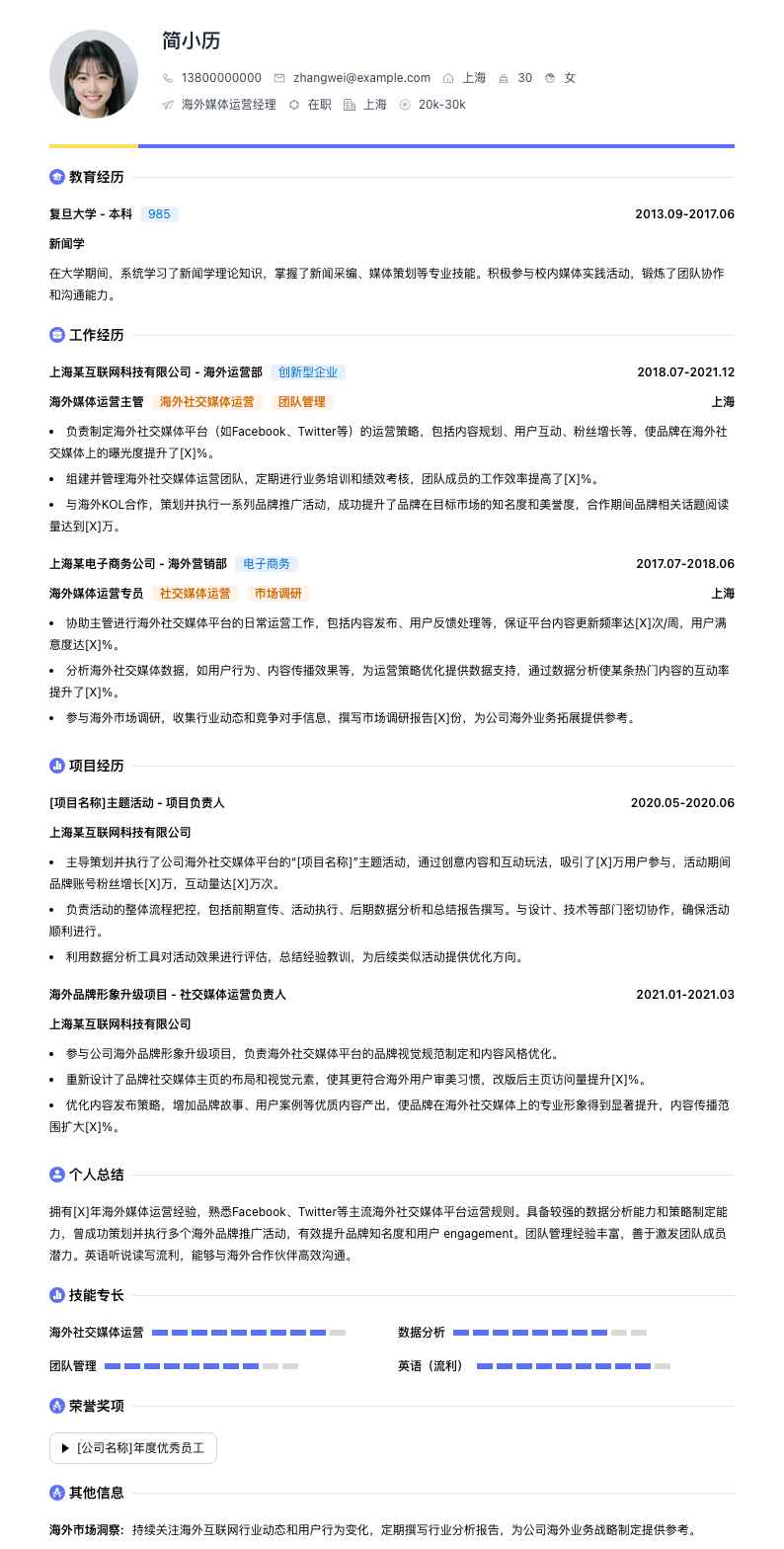 海外媒体运营经理简历模板