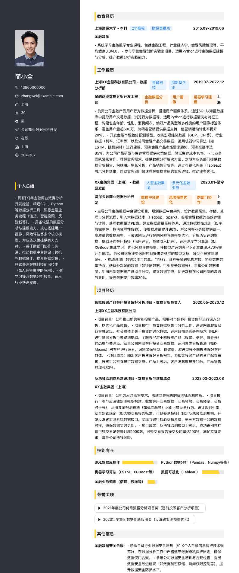 金融商业数据分析简历模板