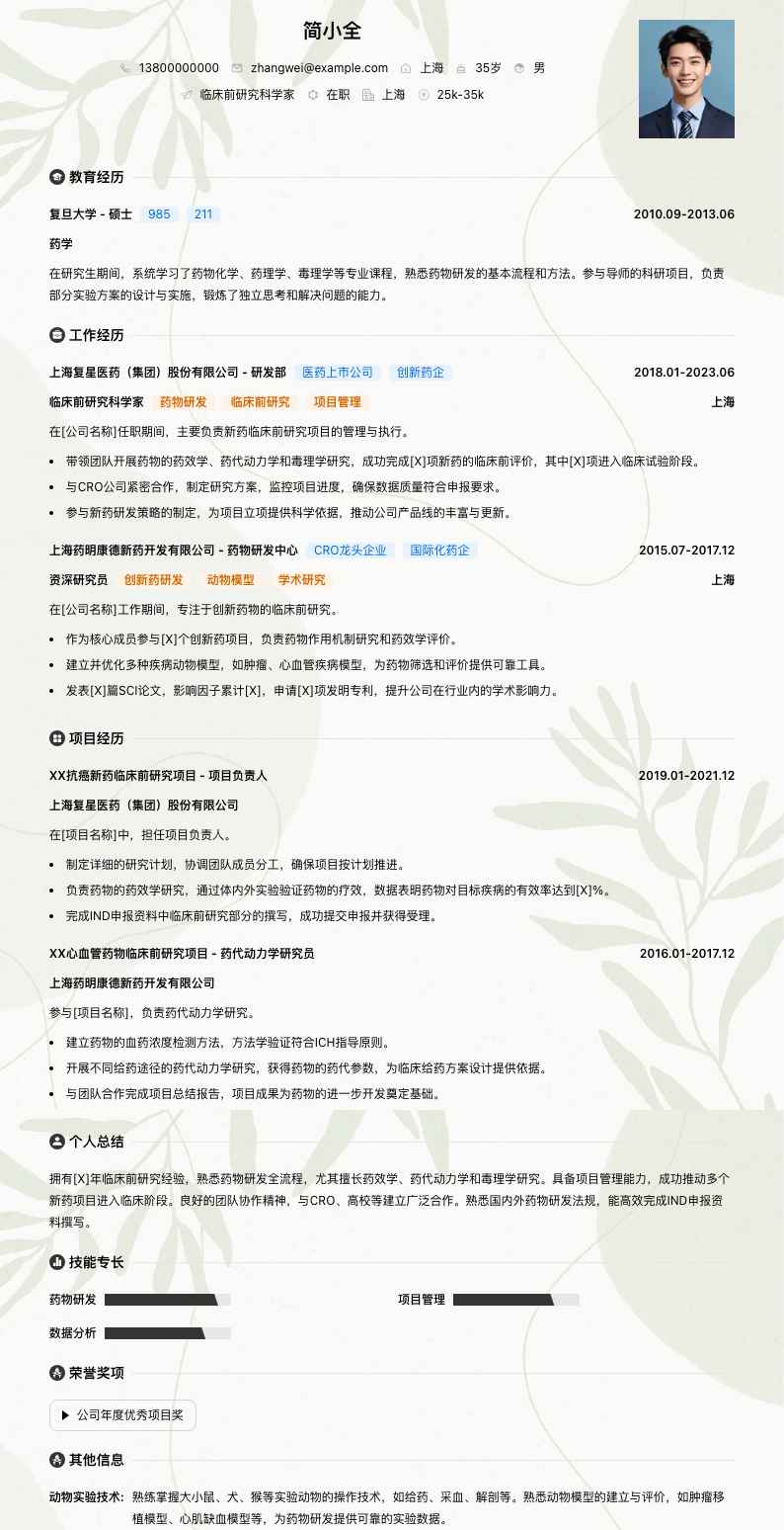 临床前研究科学家简历模板