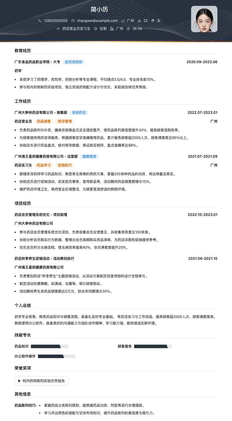 药店营业员实习生简历模板