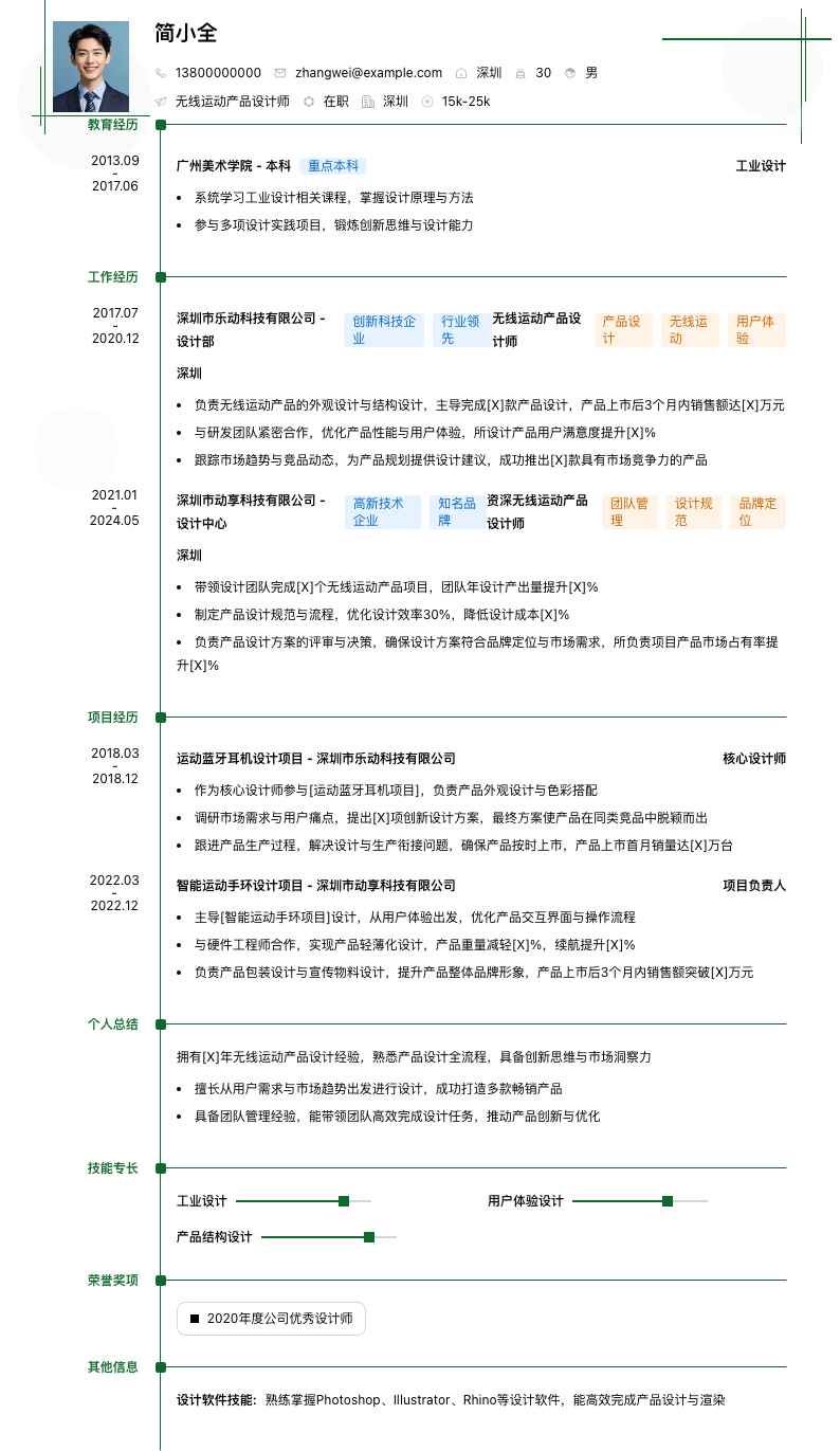 无线运动产品设计师简历模板