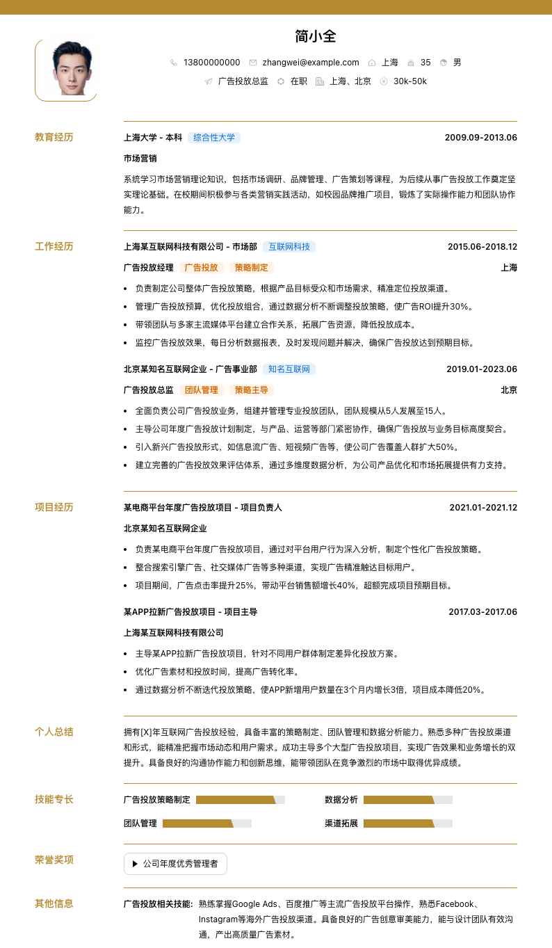 广告投放总监简历模板