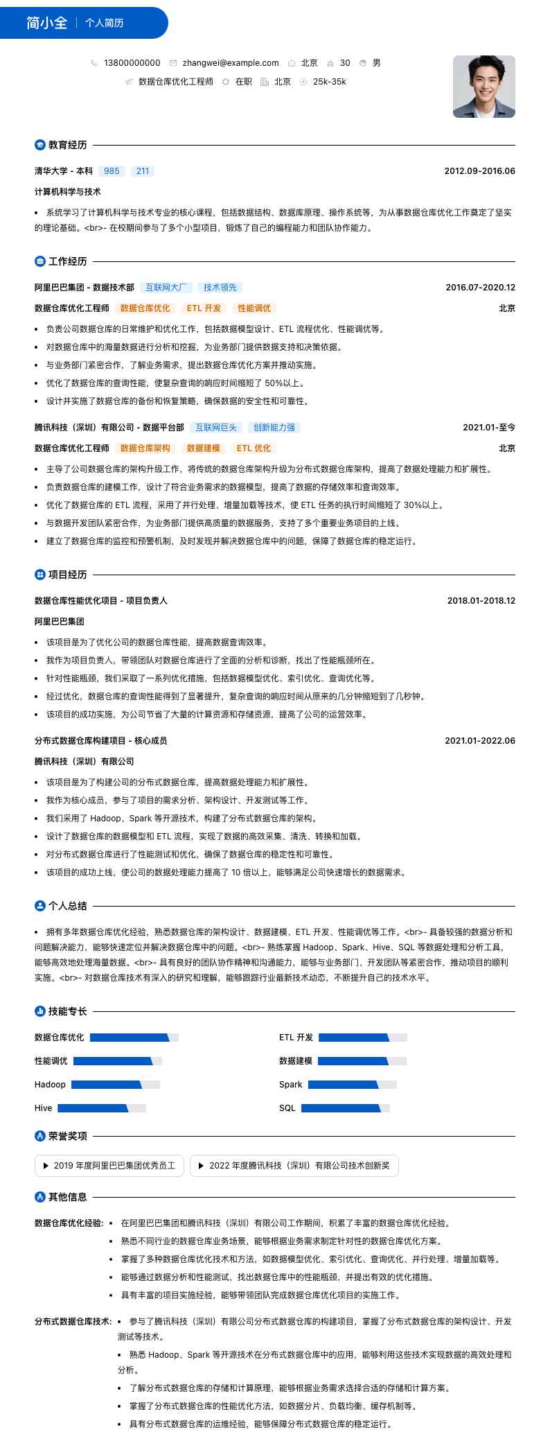 数据仓库优化工程师简历模板