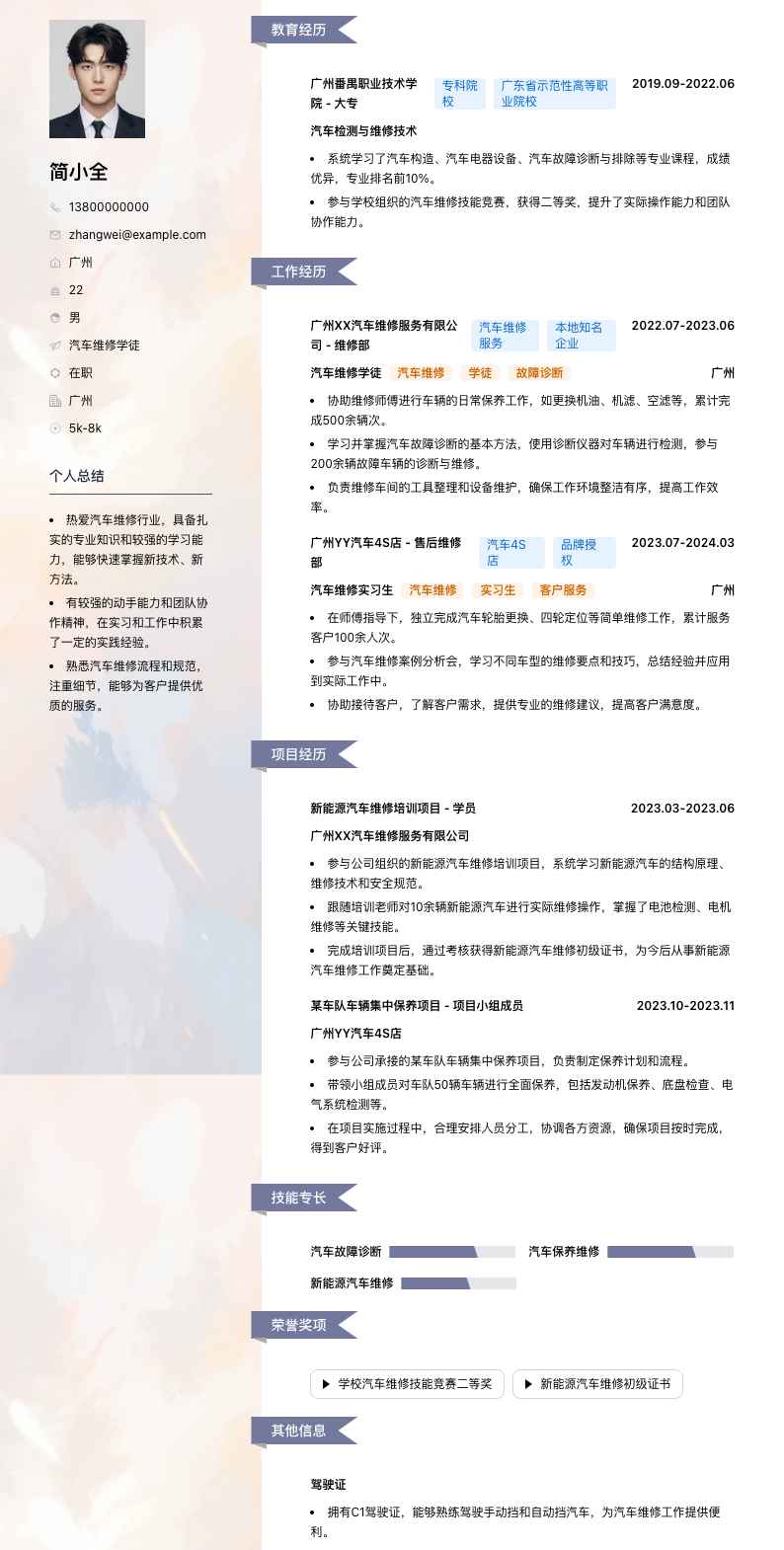 汽车维修学徒简历模板