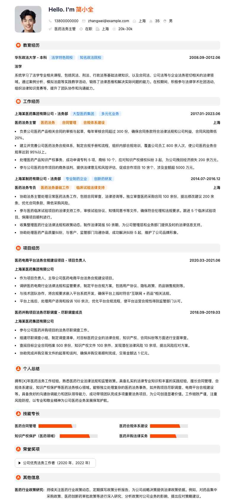 医药法务主管简历模板