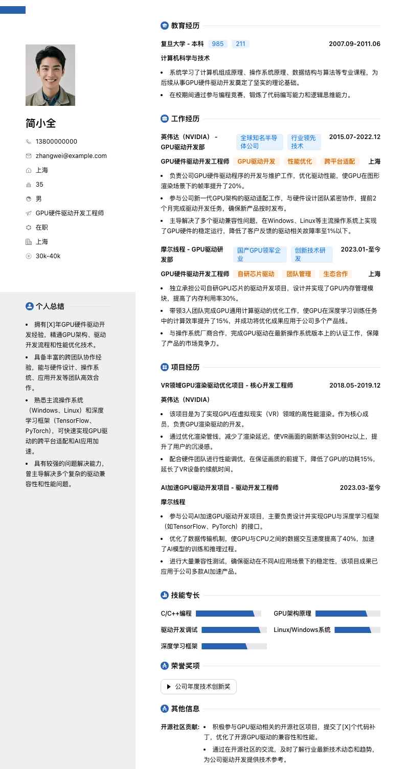 GPU硬件驱动开发工程师简历模板