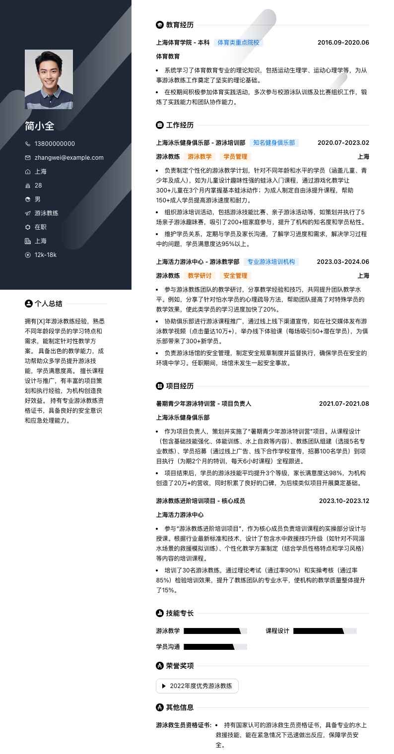 游泳教练简历模板