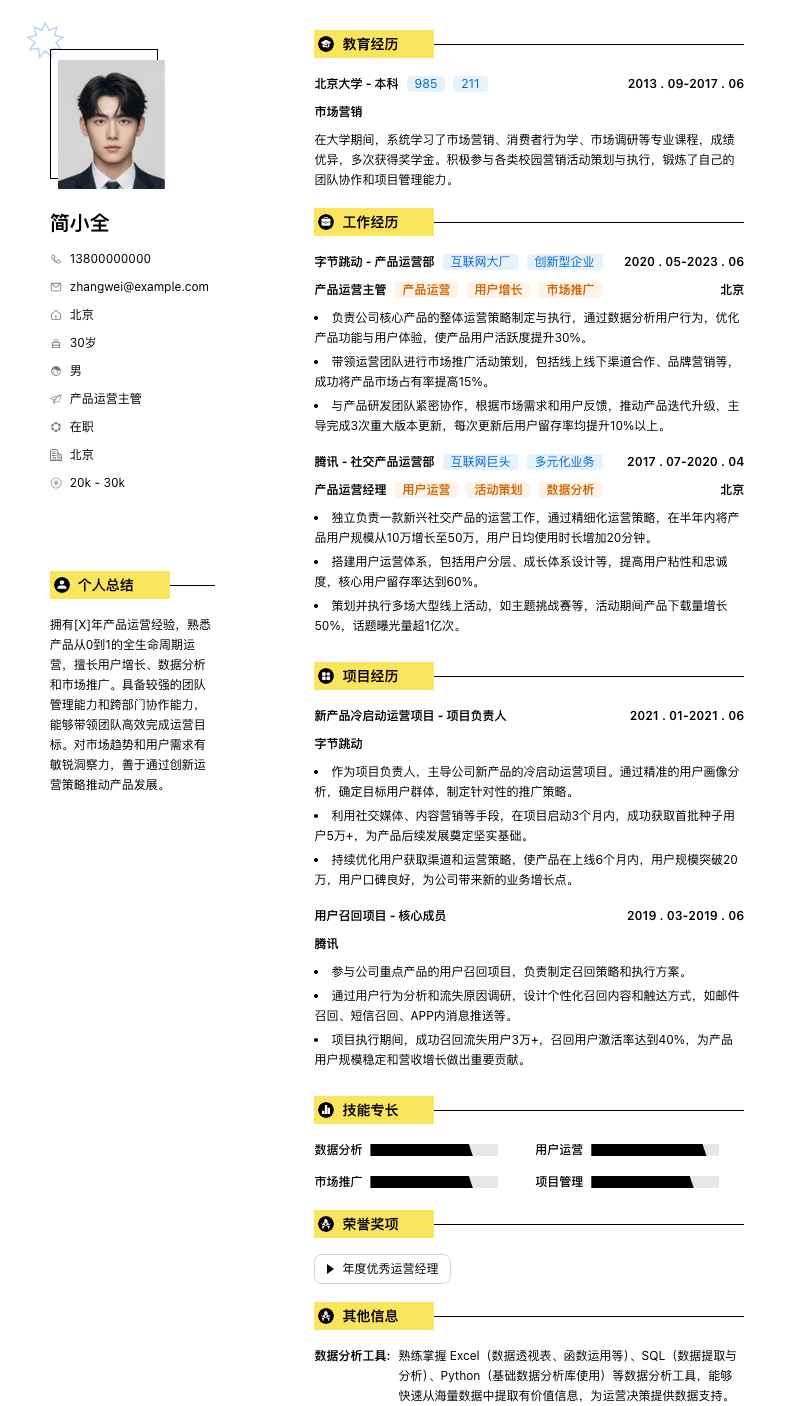 产品运营主管简历模板