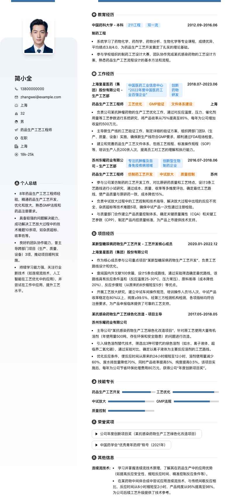 药品生产工艺工程师简历模板