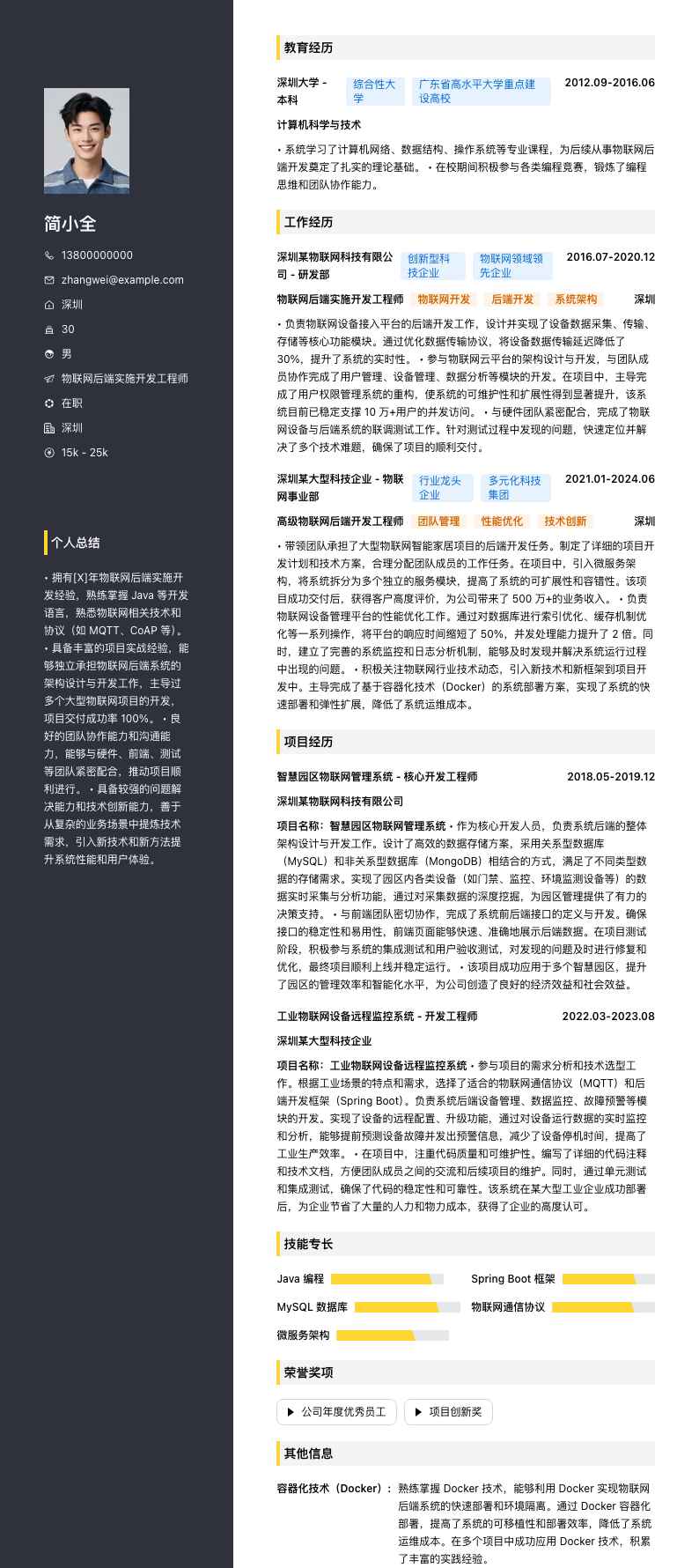 物联网后端实施开发工程师简历模板