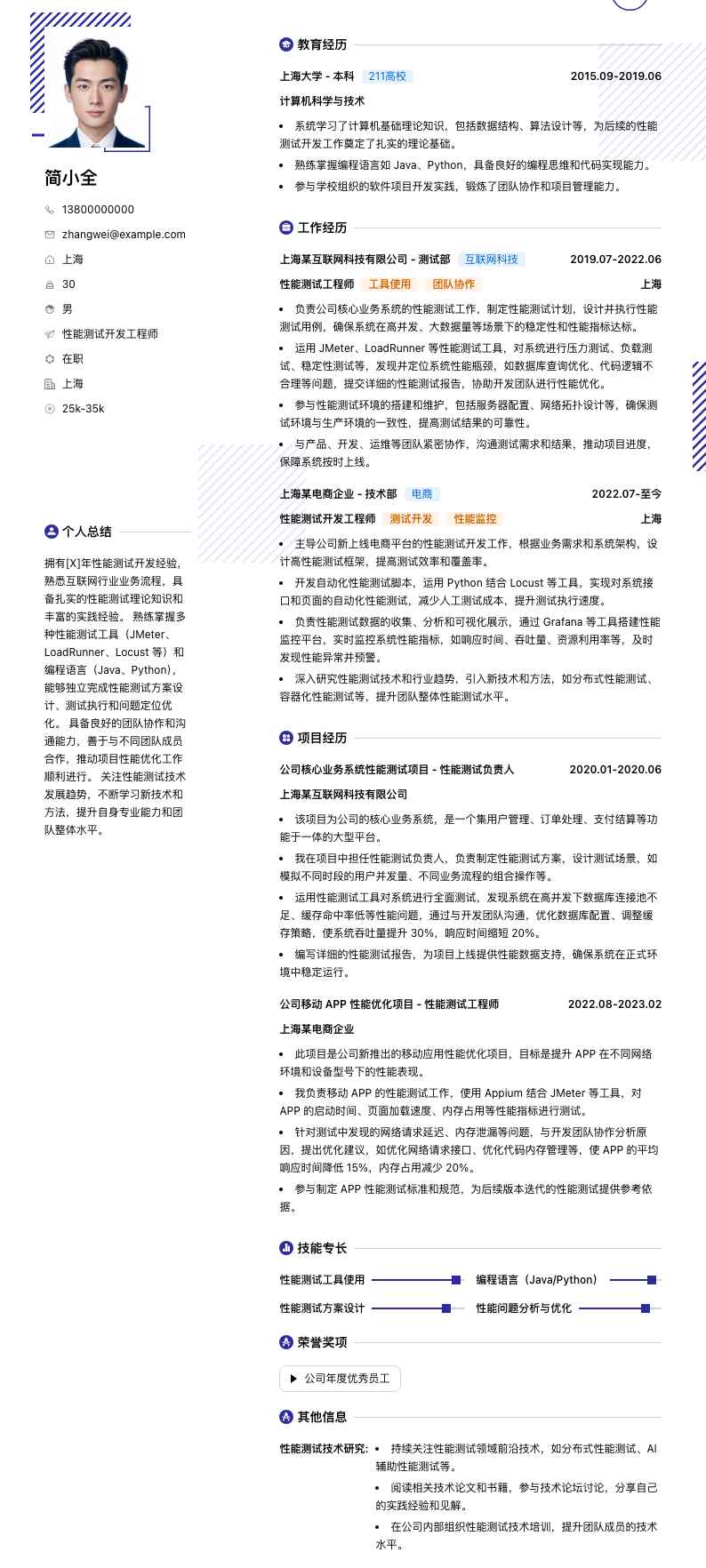 性能测试简历模板