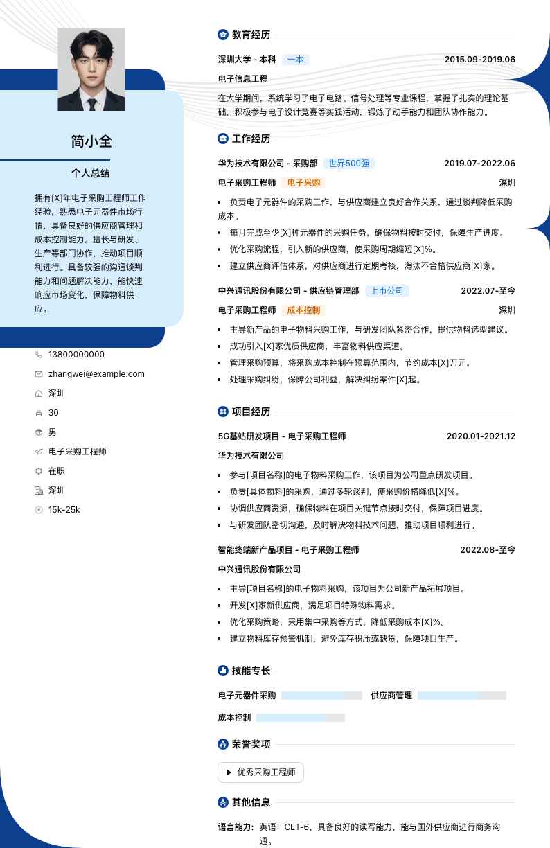 电子采购工程师简历模板