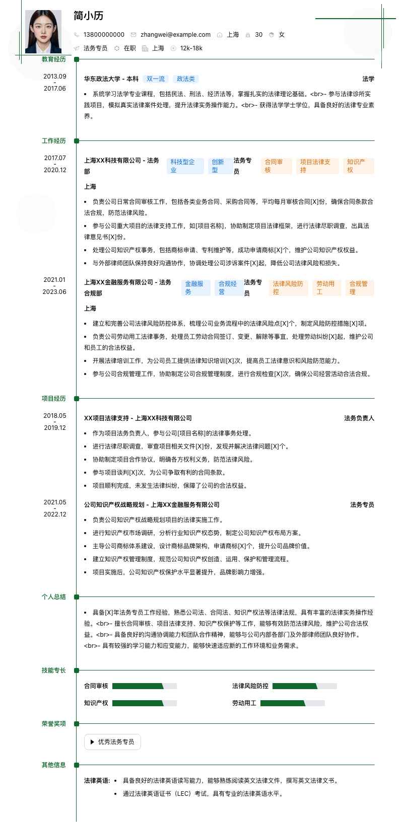 法务专员简历模板