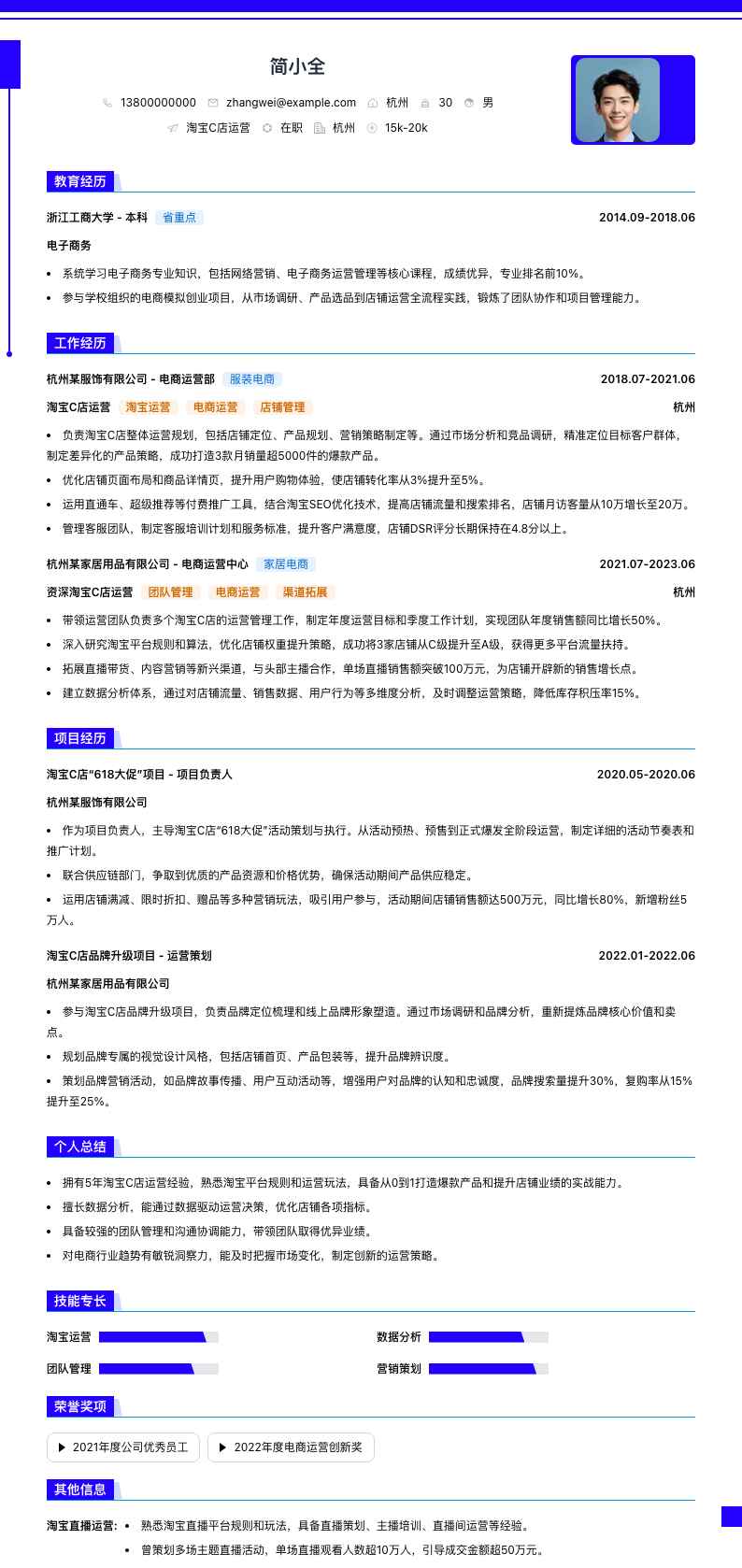 淘宝C店运营简历模板