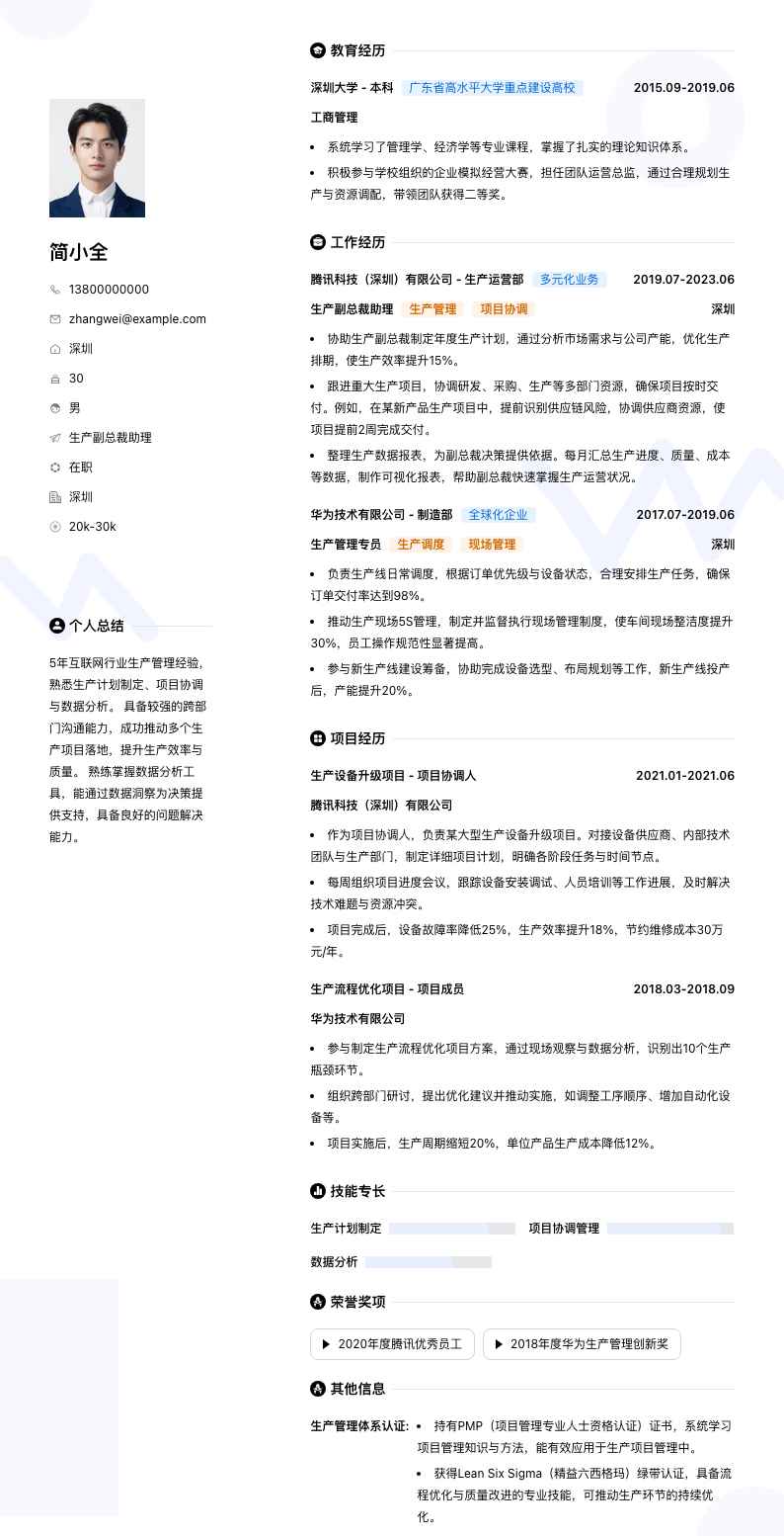 生产副总裁助理简历模板