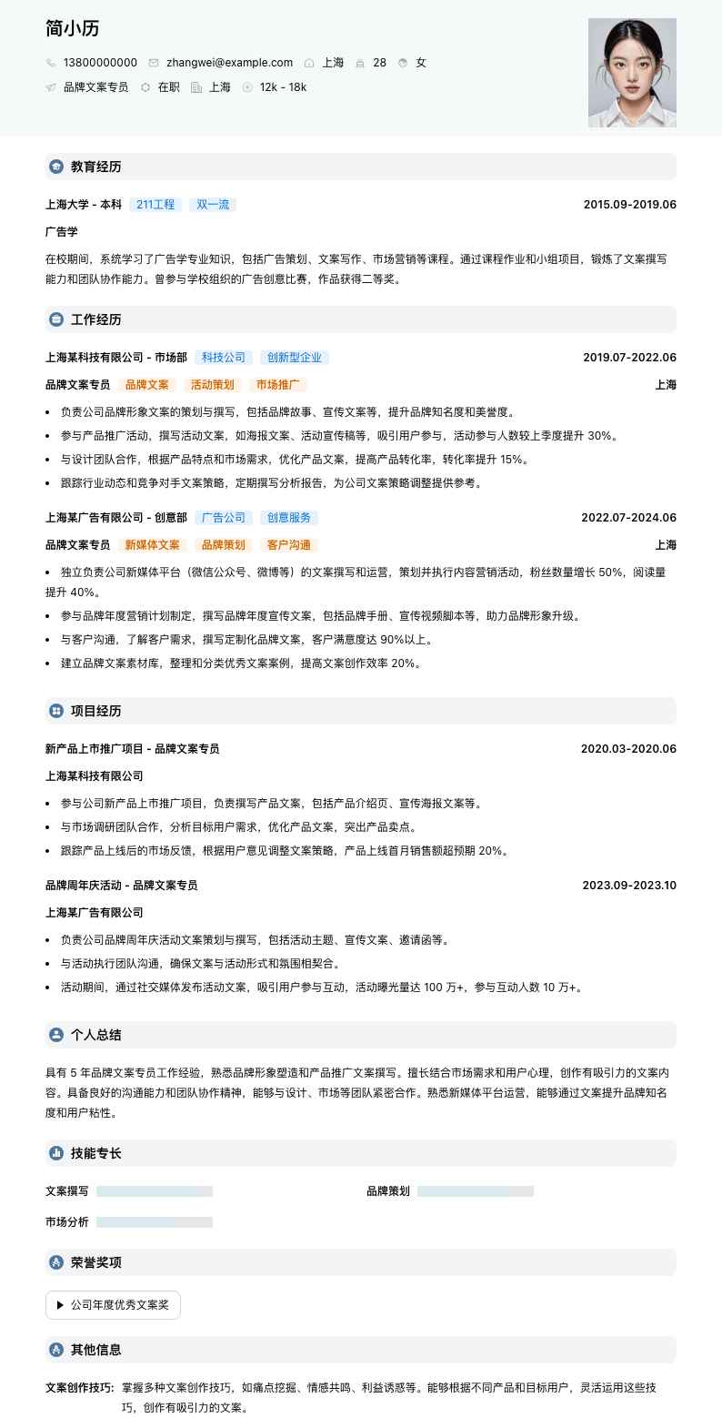品牌文案专员简历模板