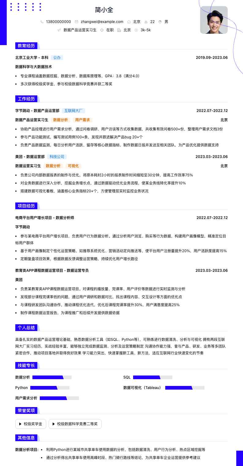 数据产品运营实习生简历模板