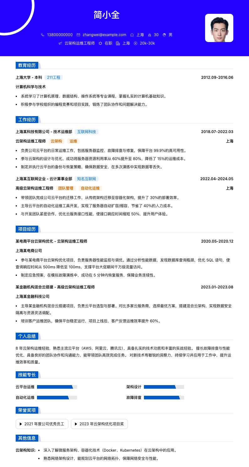 云架构运维工程师简历模板