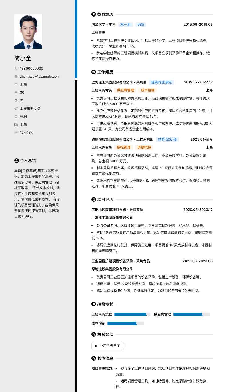 工程采购专员简历模板
