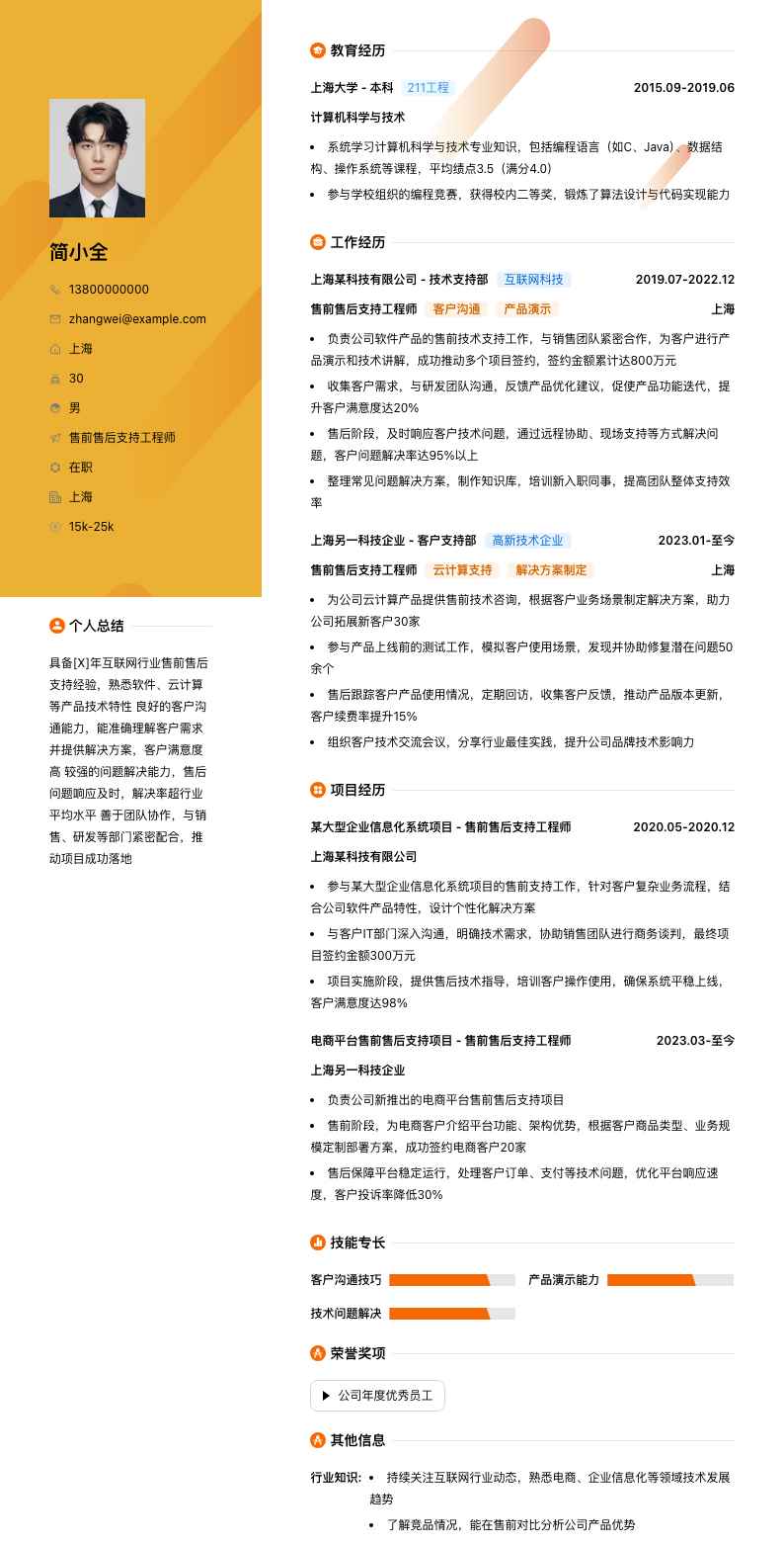 售前售后支持工程师简历模板