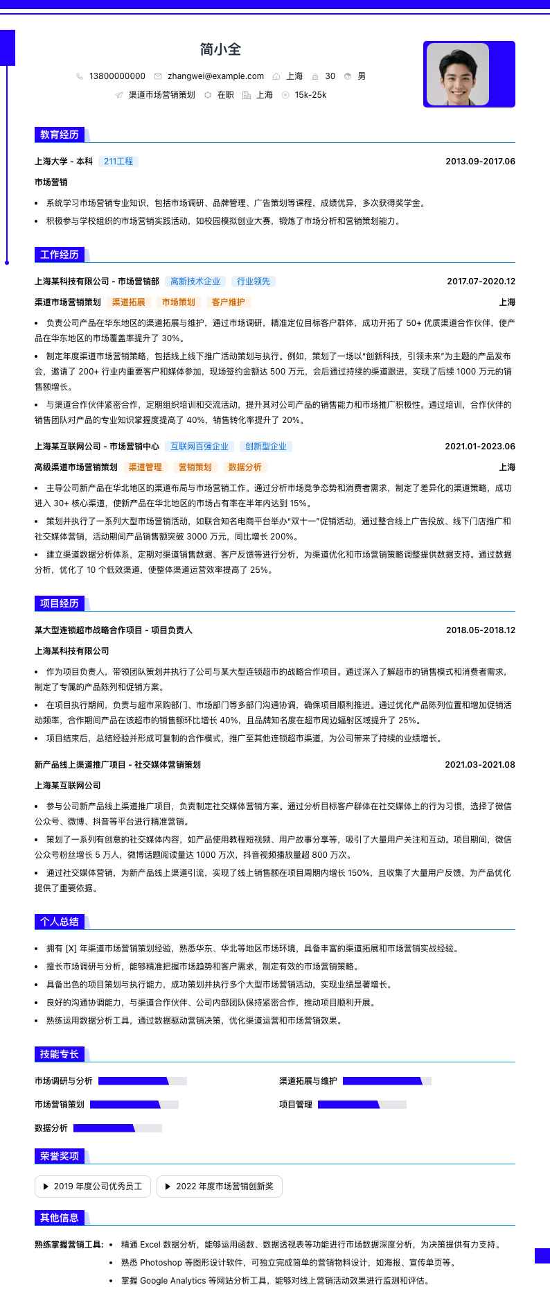 渠道市场营销策划简历模板