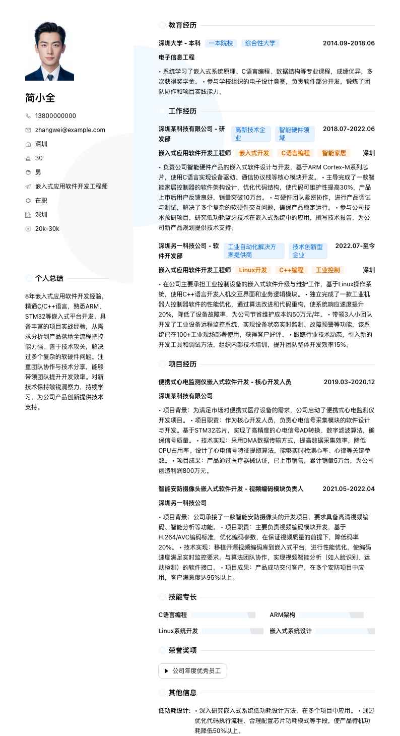 嵌入式应用软件开发工程师简历模板