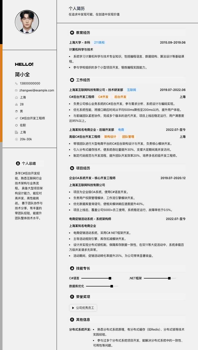 c#后台开发工程师简历模板