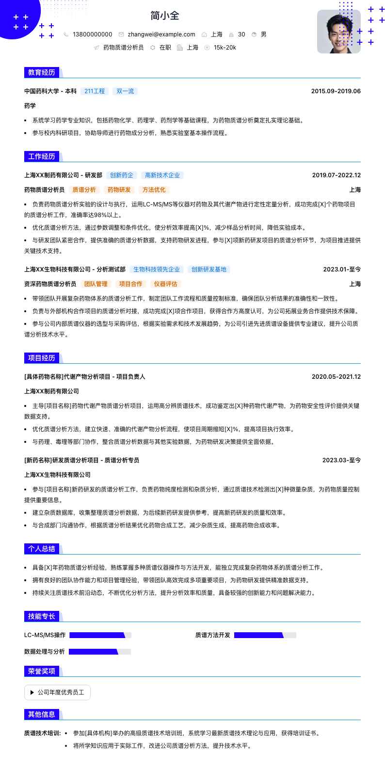 药物质谱分析员简历模板