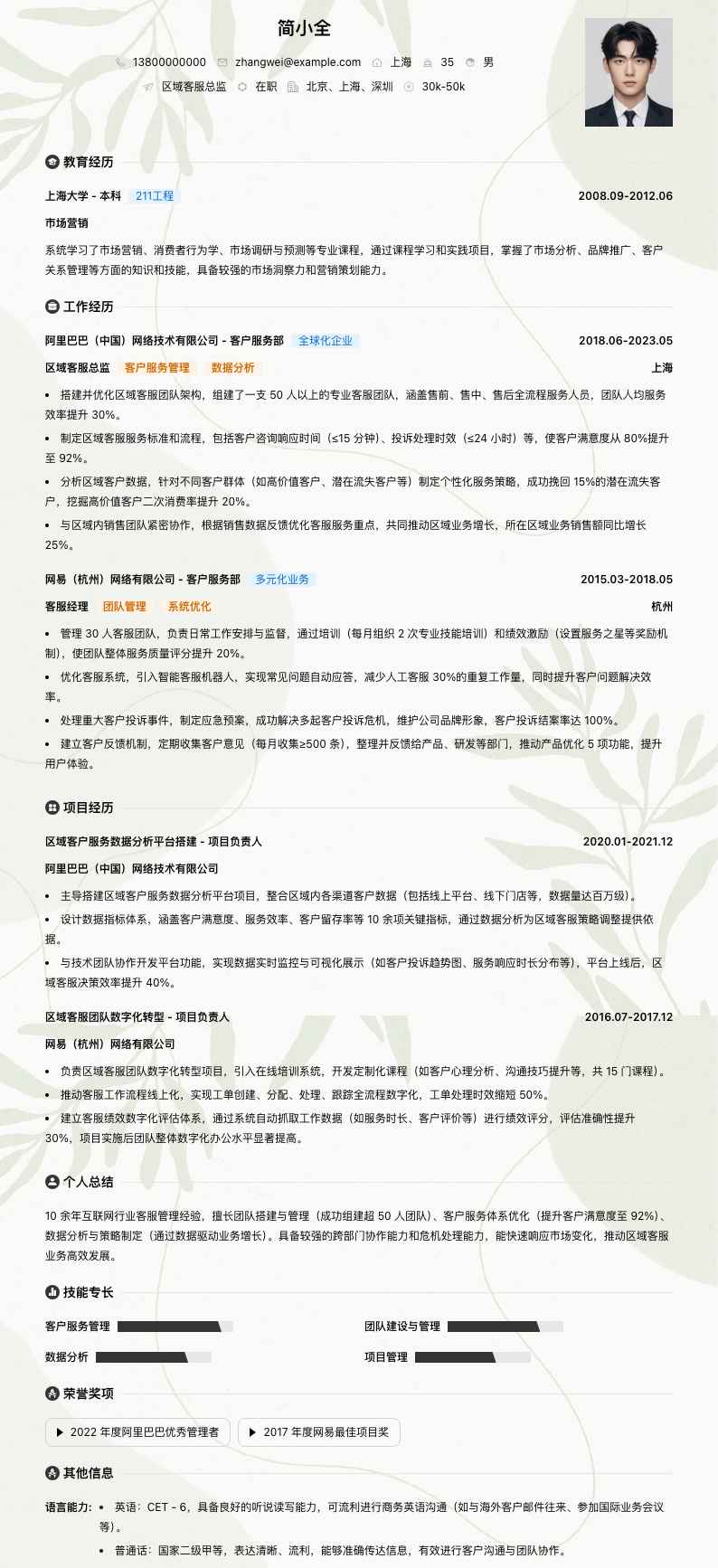 区域客服总监简历模板