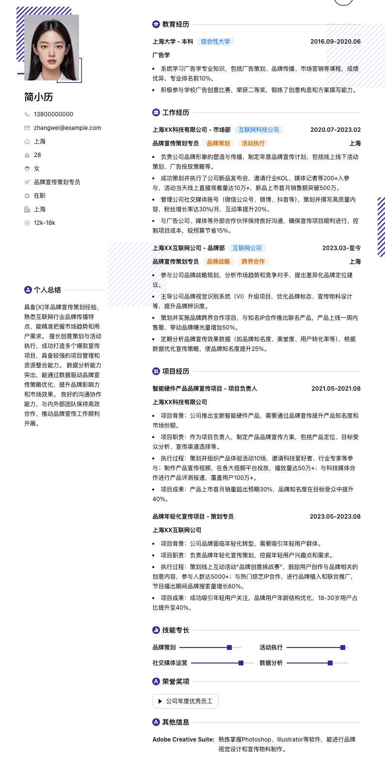 品牌宣传策划专员简历模板