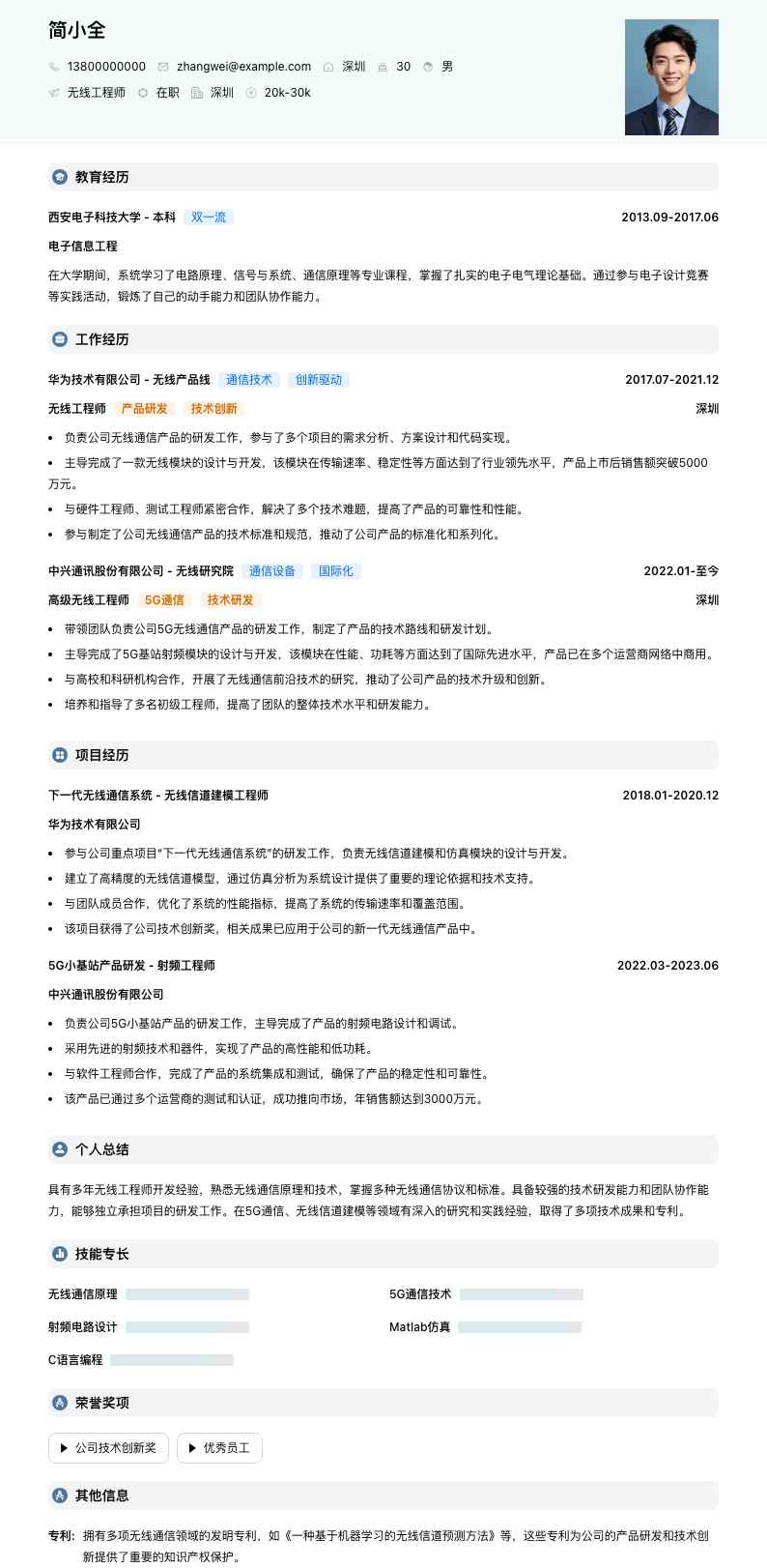 无线工程师简历模板