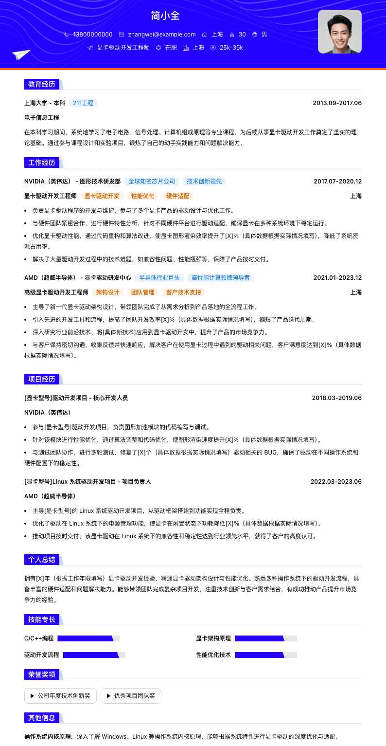 显卡驱动开发工程师简历模板