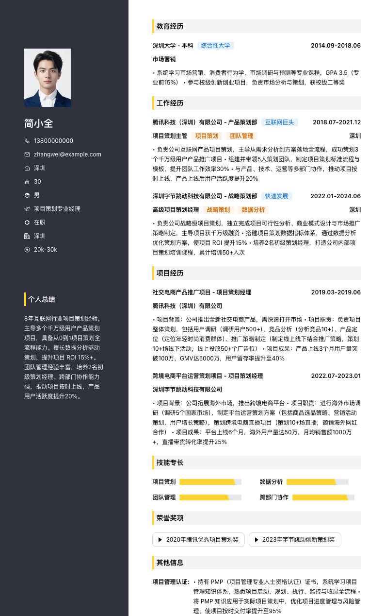 项目策划专业经理简历模板