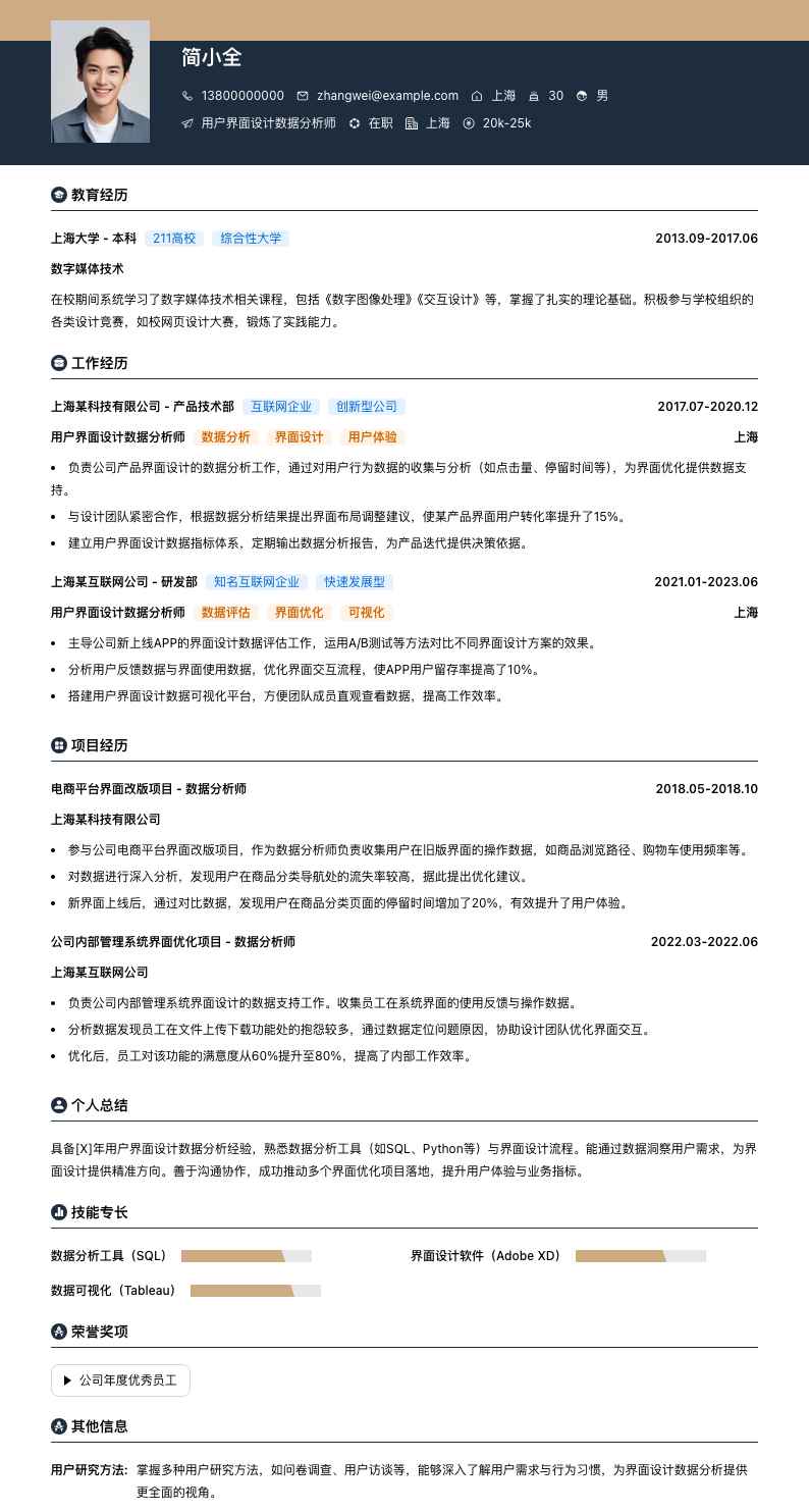 用户界面设计数据分析师简历模板