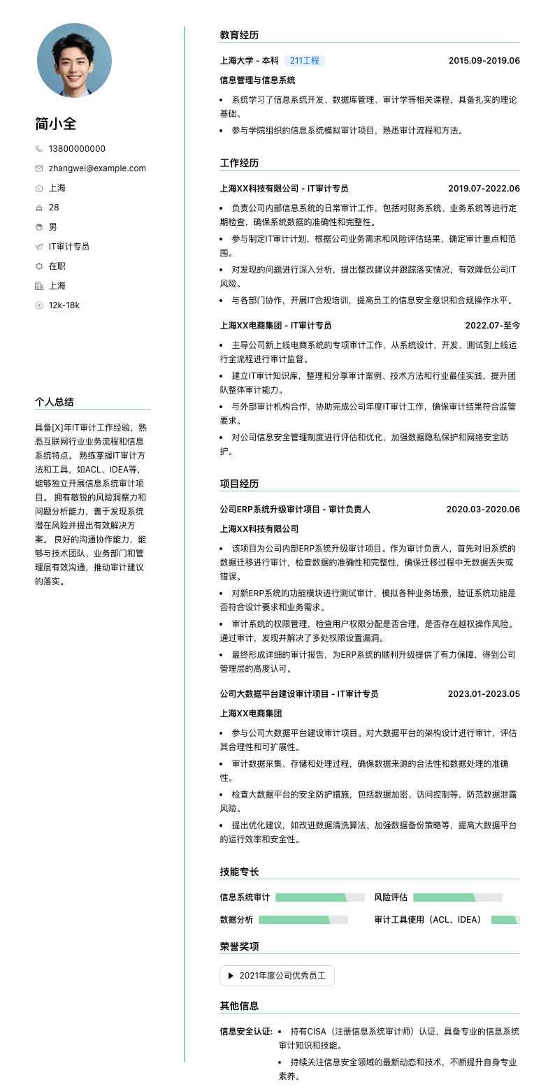 it审计专员简历模板