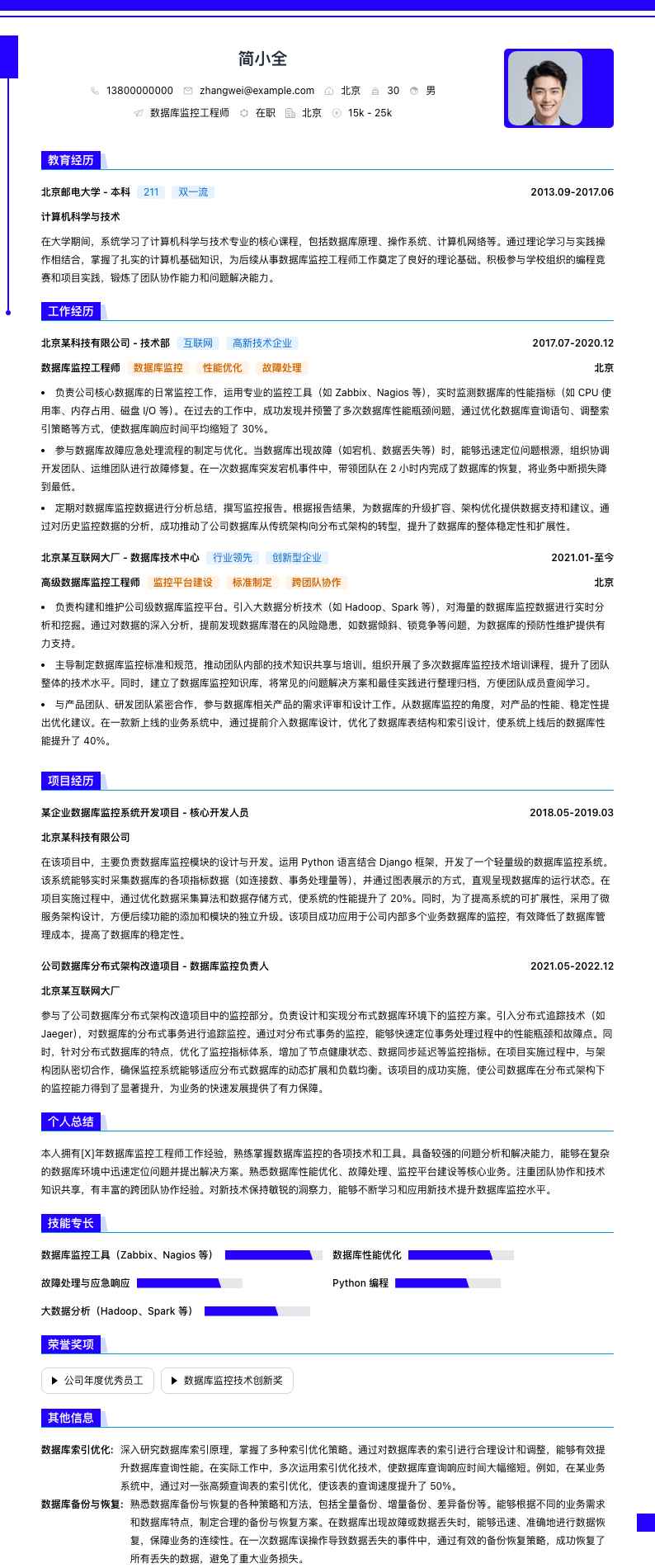 数据库监控工程师简历模板