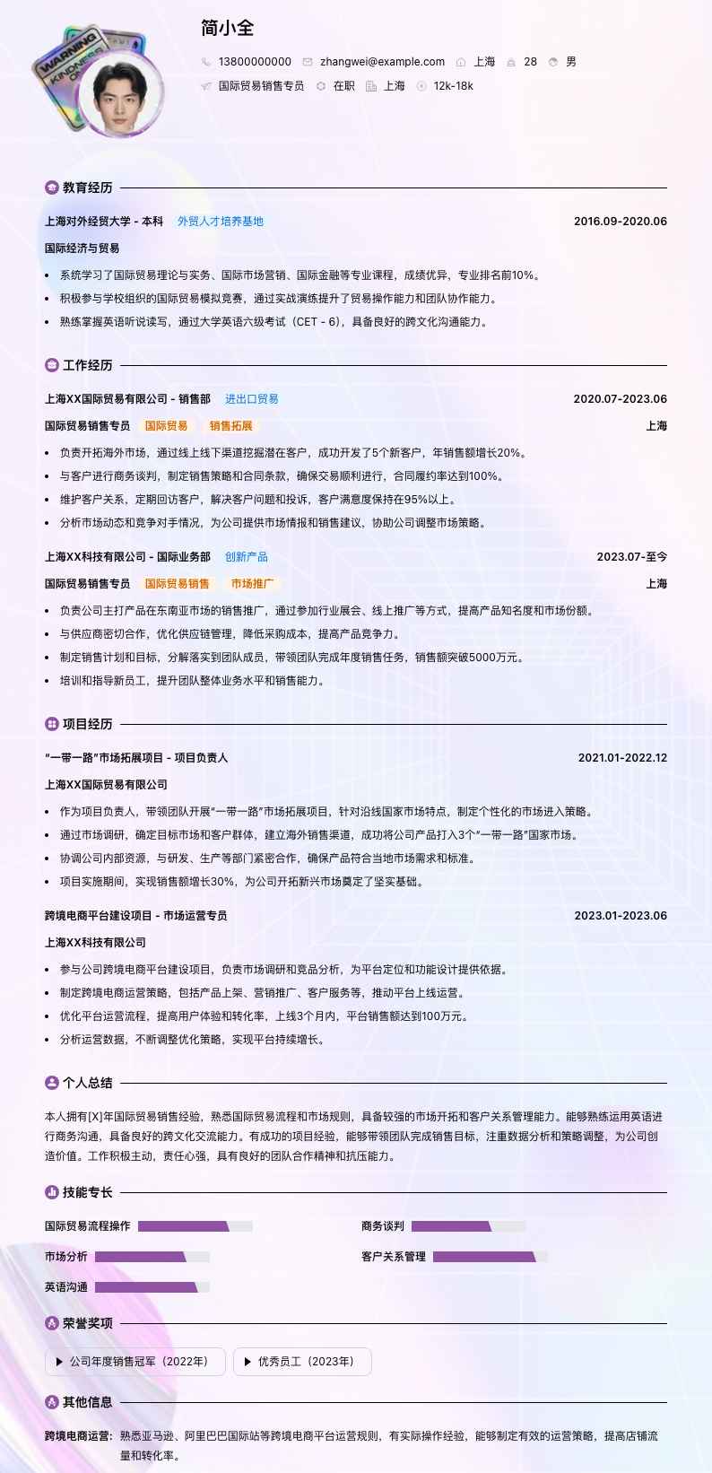 国际贸易销售专员简历模板