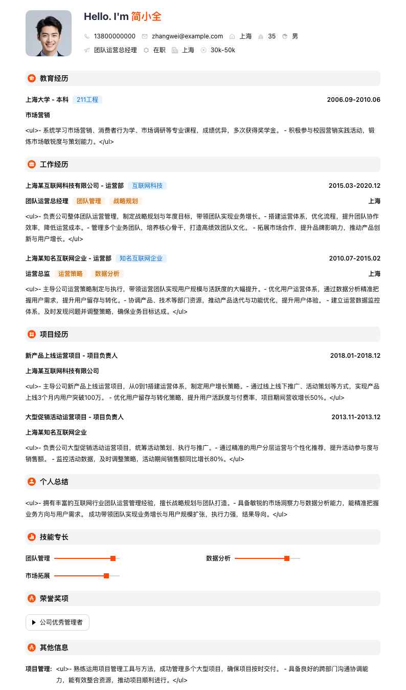 团队运营总经理简历模板