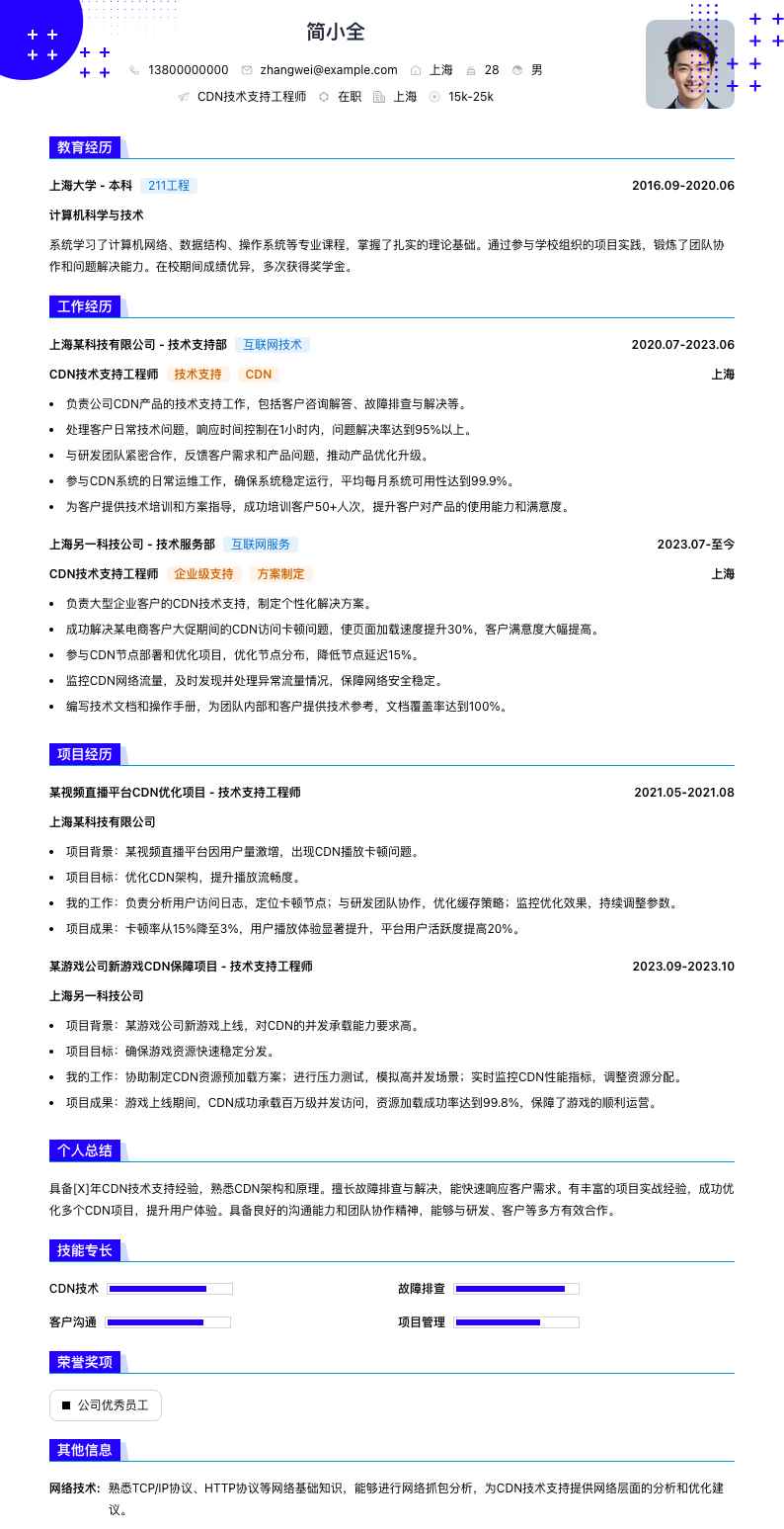 cdn技术支持工程师简历模板