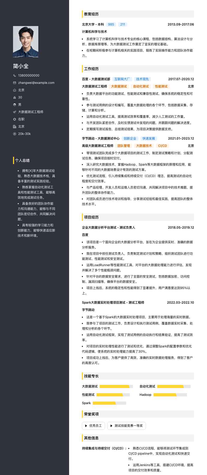 大数据测试工程师简历模板