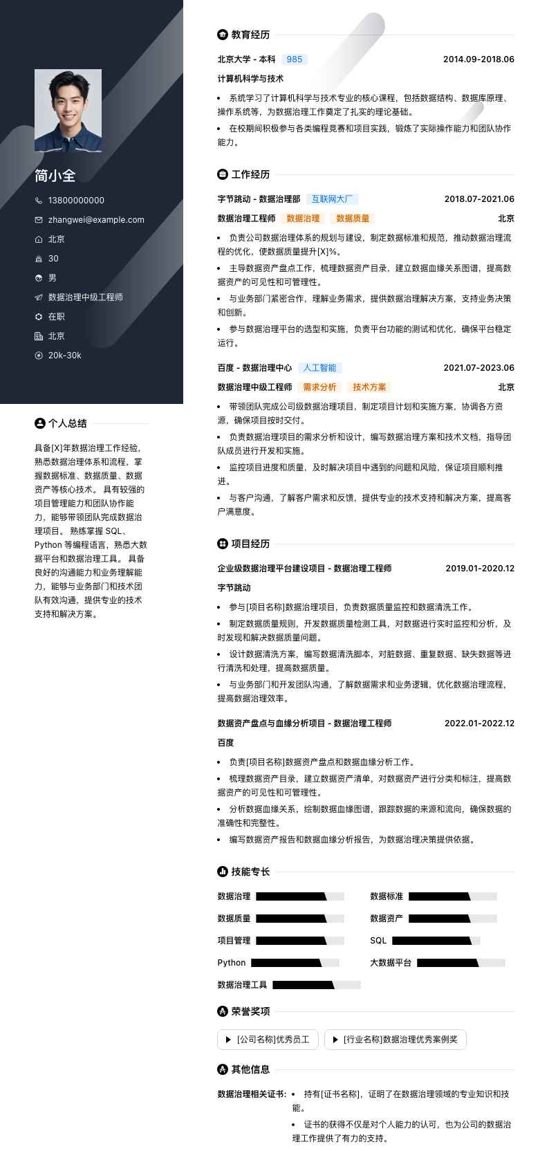 数据治理中级工程师简历模板