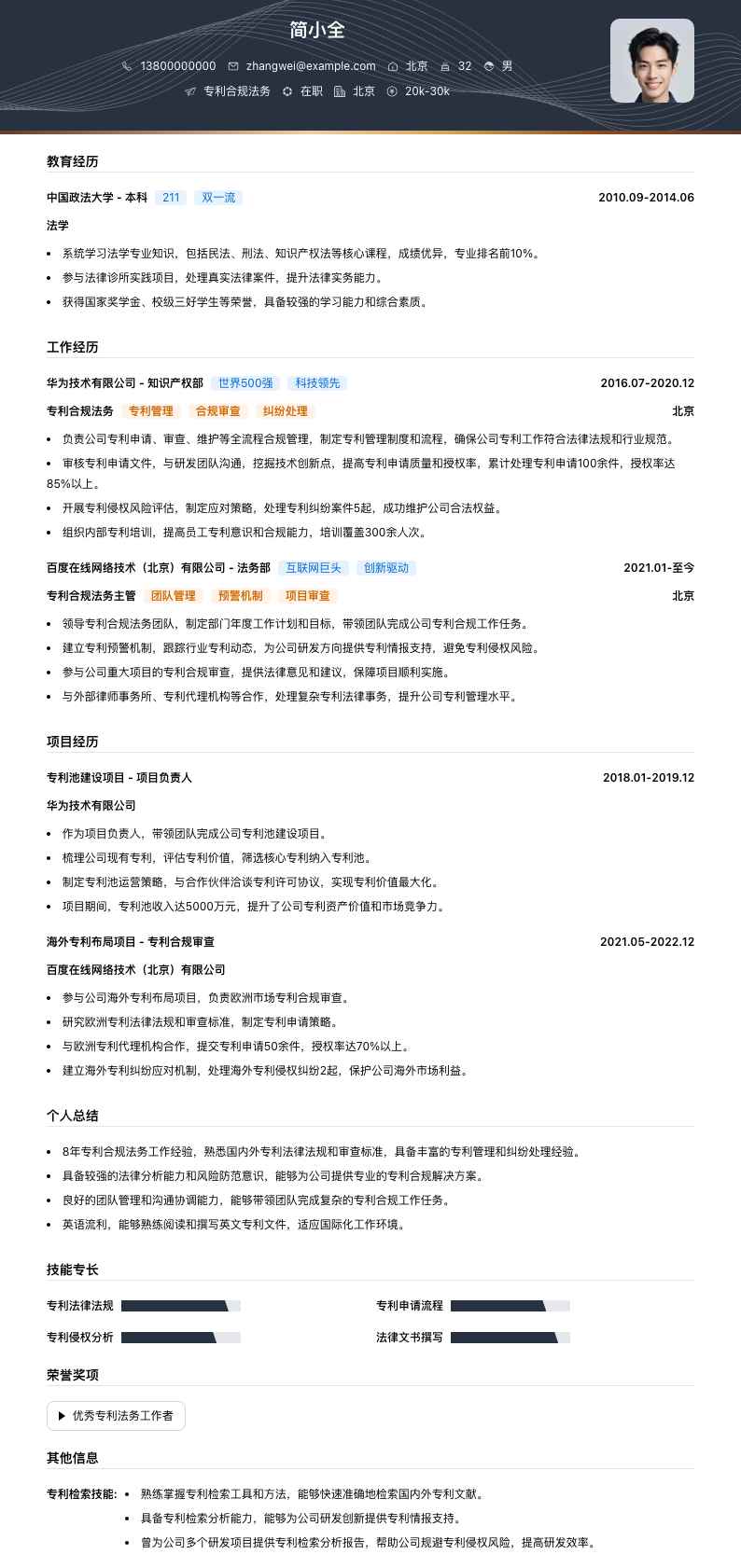 专利合规法务简历模板