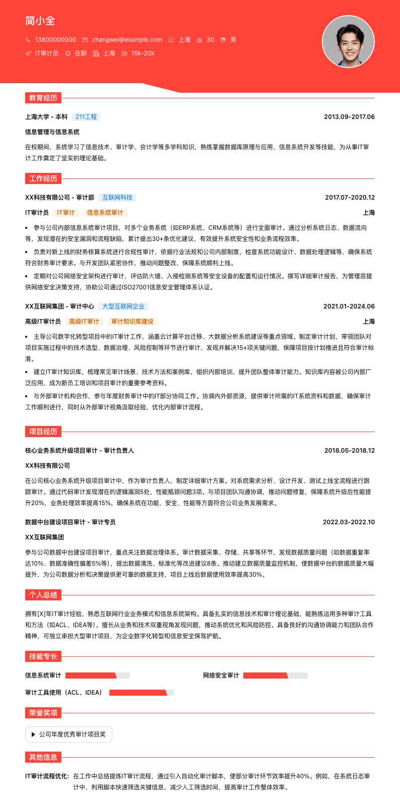 it审计员简历模板