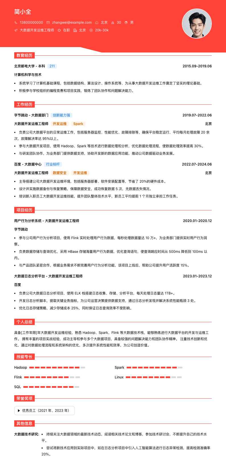 大数据开发运维工程师简历模板