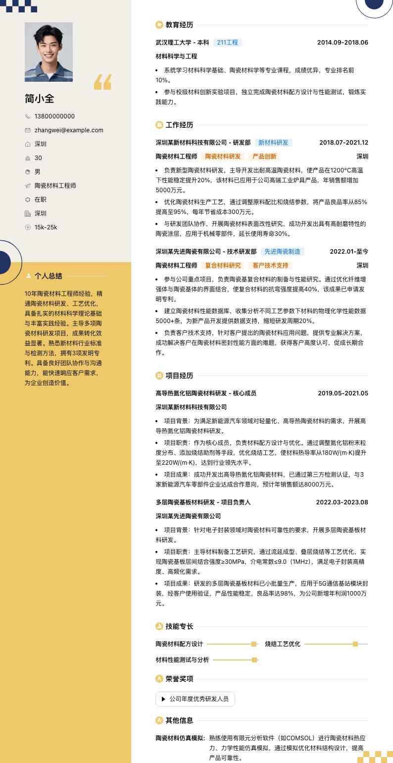 陶瓷材料工程师简历模板