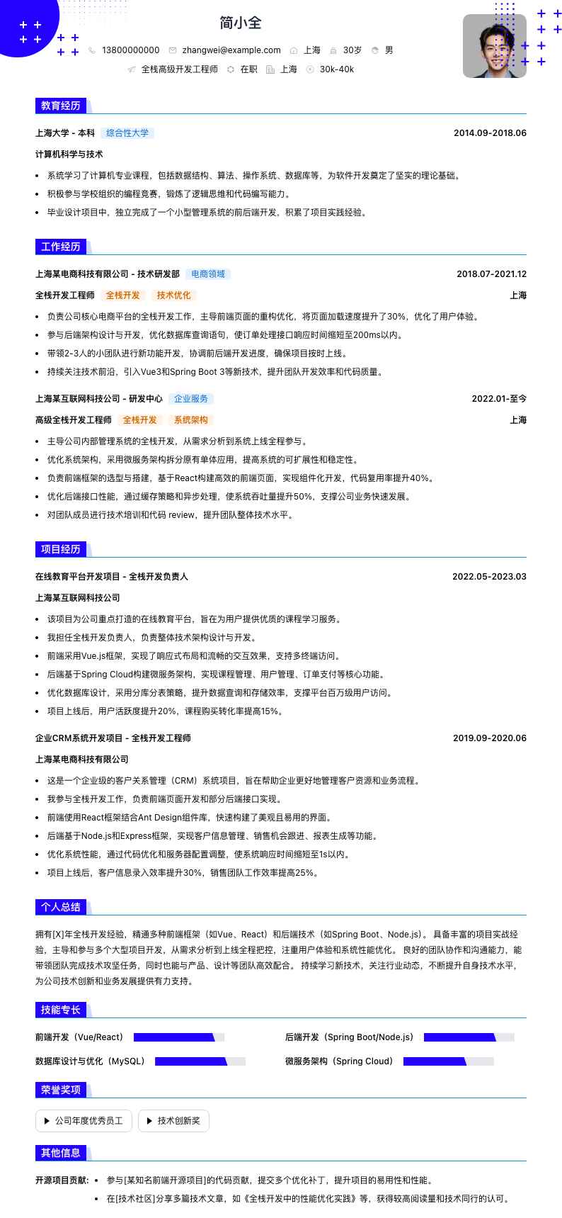 全栈高级开发工程师简历模板