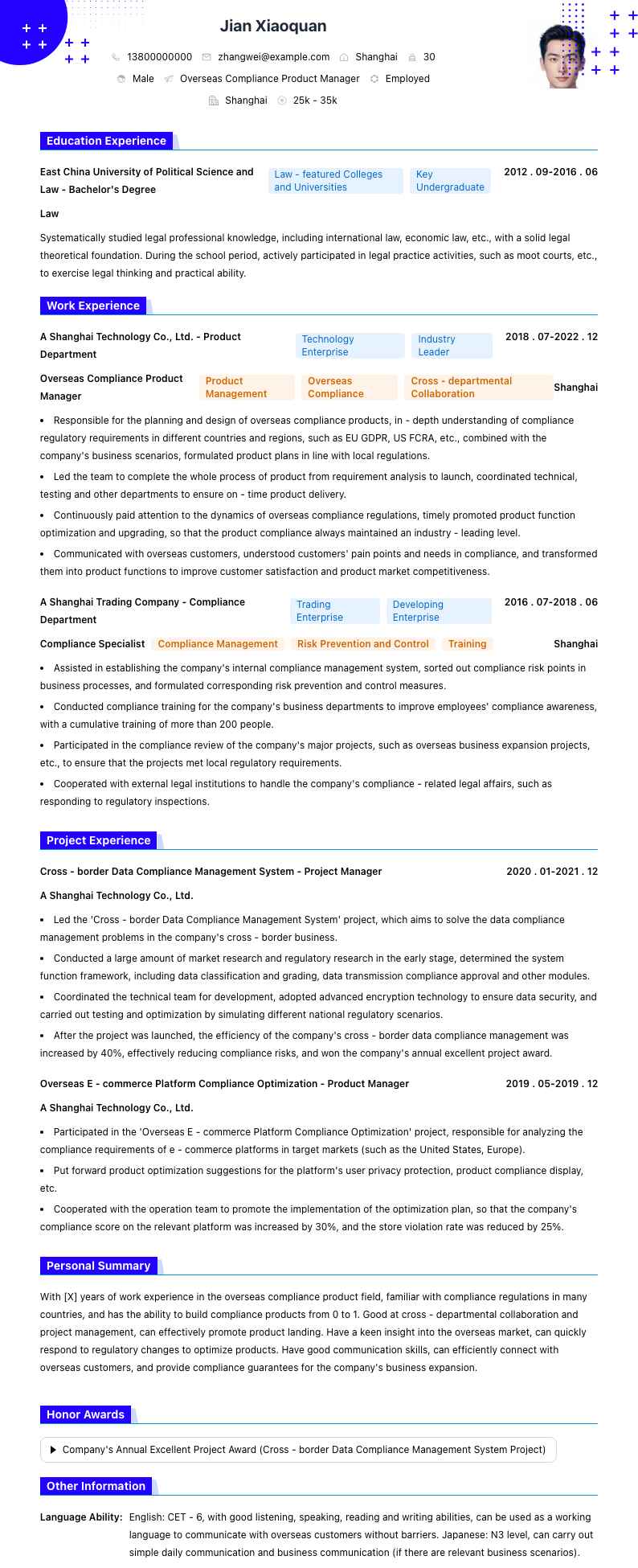 海外合规产品经理简历模板