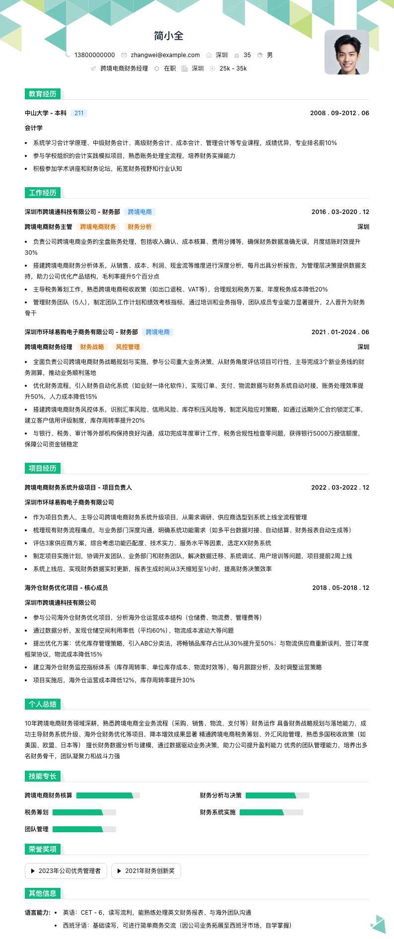 跨境电商财务经理简历模板