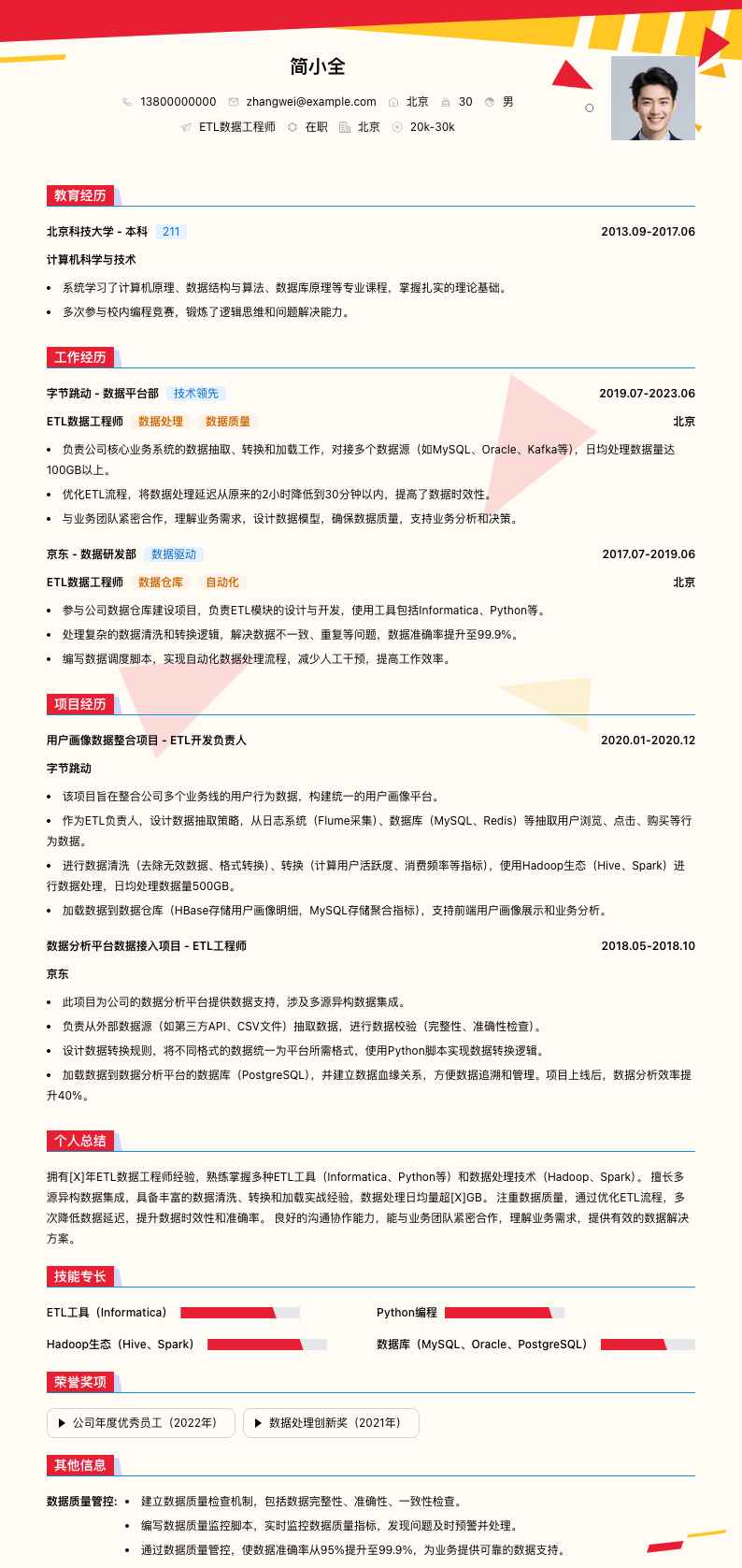 etl数据工程师简历模板